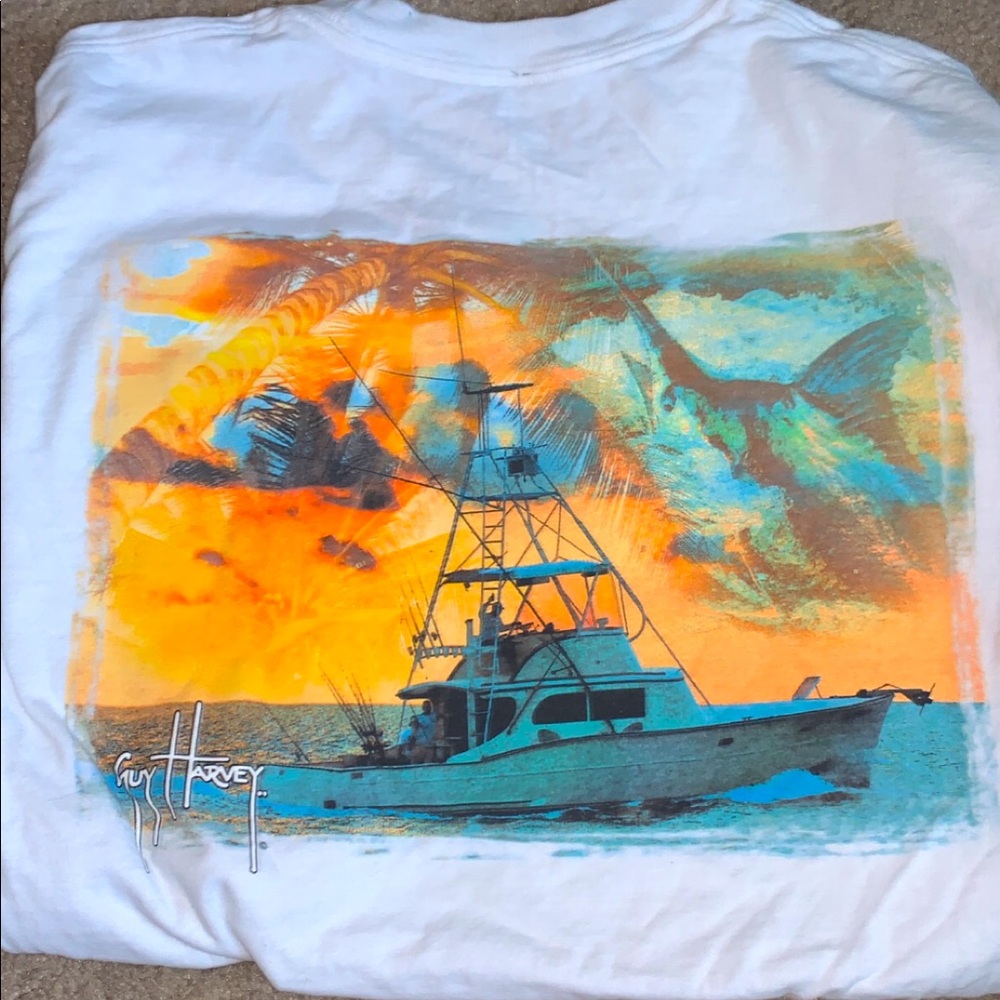 Guy Harvey white long sleeve T with gorgeous boat design on back